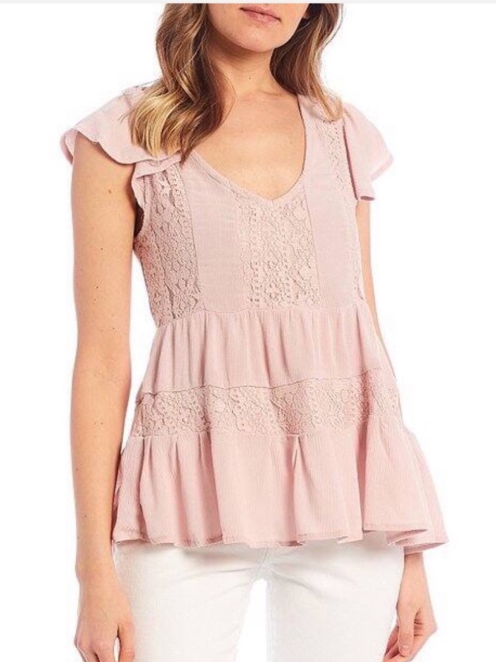 NWT Miss Chievous Lace Tiered Peplum Blouse Pink Boho Flutter Sleeve Top Medium